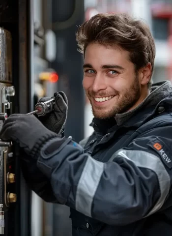 Der Handwerker erbringt Dienstleistungen für das Öffnen der Tür. Der Handwerker erbringt Dienstleistungen für das Öffnen der Tür.