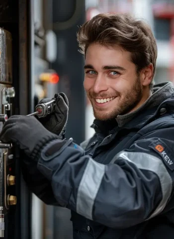Der Handwerker erbringt Dienstleistungen für das Öffnen der Tür.