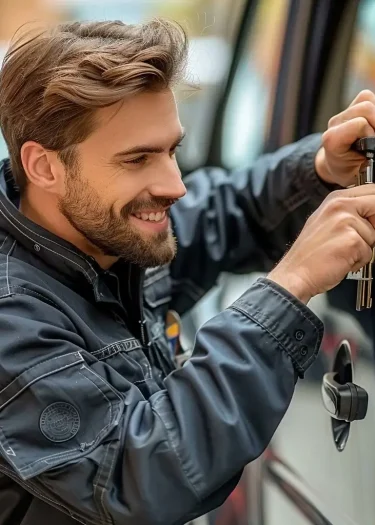 Der lächelnde Schlosser öffnet das Autoöffnung Moers.